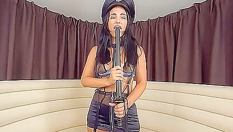 Sexy brunette hair with large sex toys